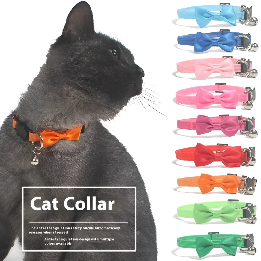 Adjustable striped nylon cat collar with a small bell, shown in multiple colour options on a white background.