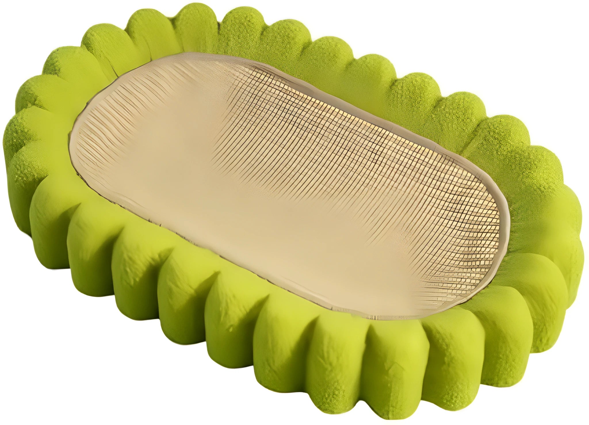 Green oval cat scratcher bed made from sisal, showing its bowl shape and textured scratching surface.