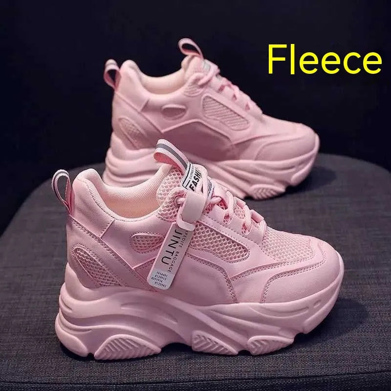 Women's black mesh platform casual shoes with hollow-out design and a TPR sole.