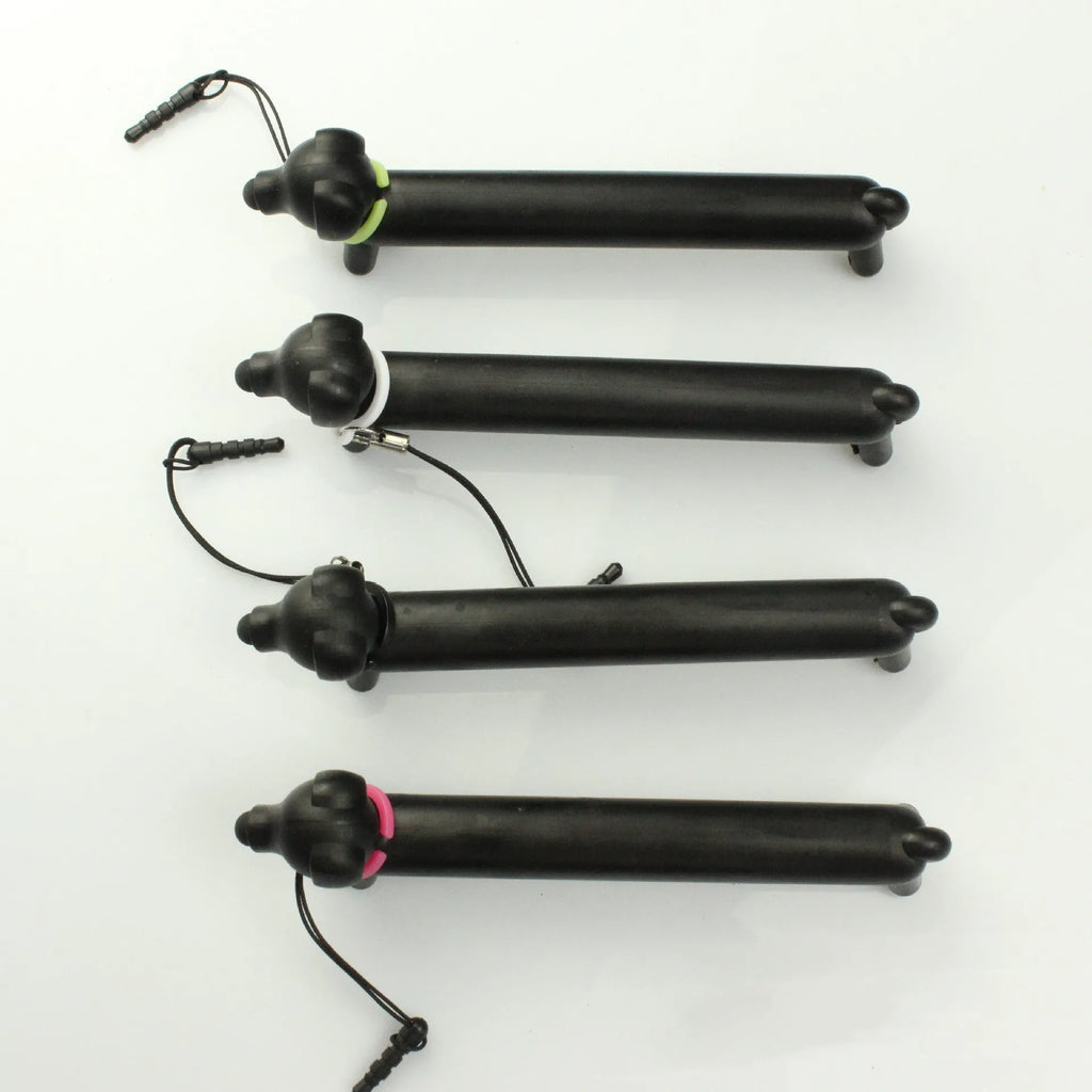Black dog-shaped touch screen stylus showing length adjustment and phone holder function