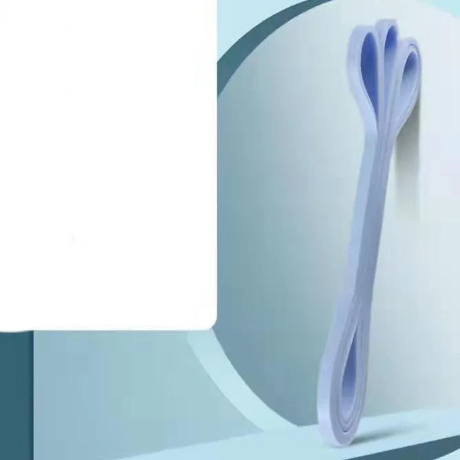 Set of five TPR stretch resistance bands in light blue, grey, pink, fruit green, and dark blue on a white background