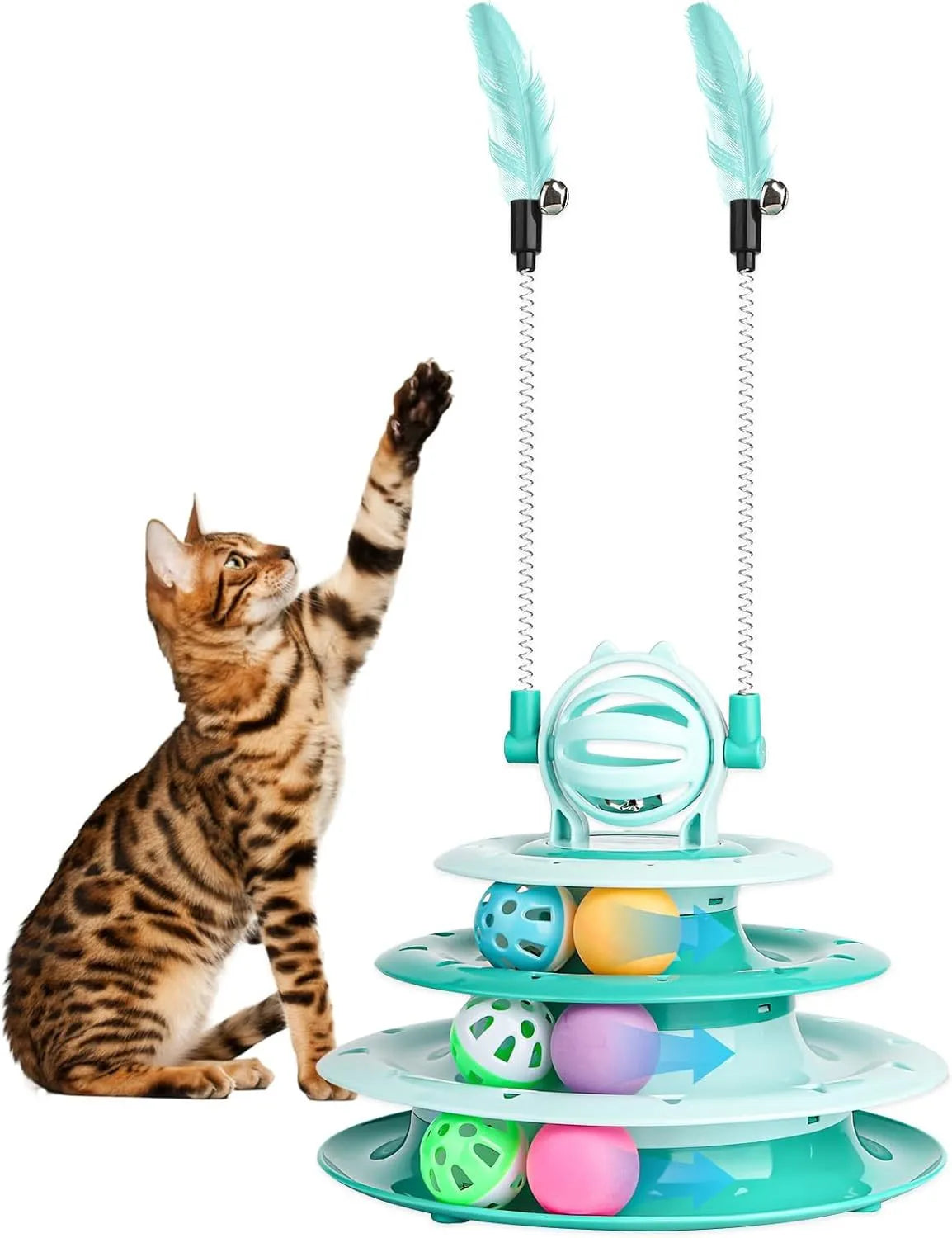 Blue 4-tier interactive cat puzzle toy with balls and teasing rods on a table.