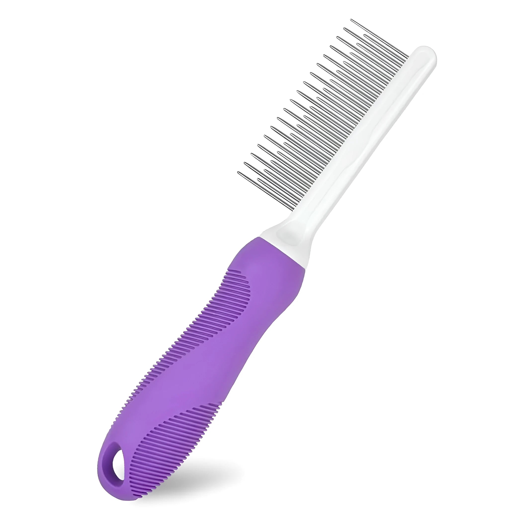 Purple handled pet comb with stainless steel teeth for detangling dog and cat fur.