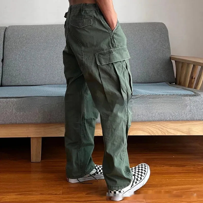 Men's large loose pockets wear-resistant washing paratrooper pants in Army Green cotton fabric