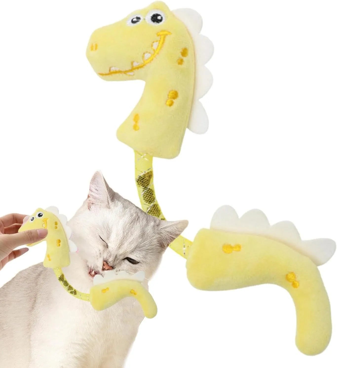 Bundle of four cat toys including rope toys, springs, kicker toys, and plush chew toys in pink, purple, or yellow colours