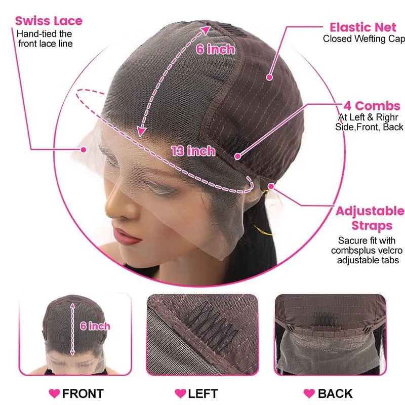Black straight human hair lace front wig showing 13x6 inch base and long hair length