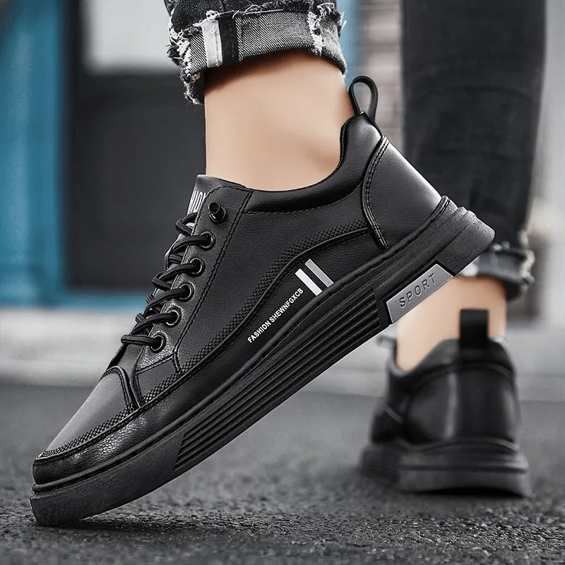 Men's white low-top skateboard shoes with elastic band and round toe stitching details