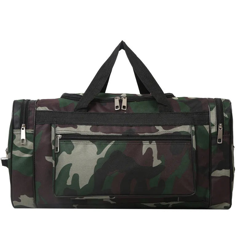 Green camouflage waterproof fabric luggage bag with striped lining.