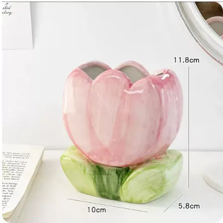Ceramic flower pen holder storage box with floral patterns in blue, pink and purple colour variations