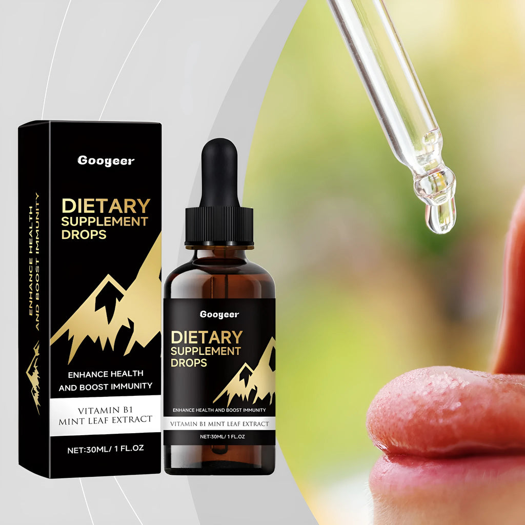 Bottle of liquid dietary supplement drops with a pipette dropper for dosage
