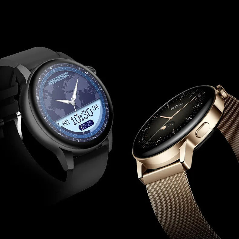 Smart watch with 1.30-inch colour touchscreen and stainless steel body in black, pink, or silver