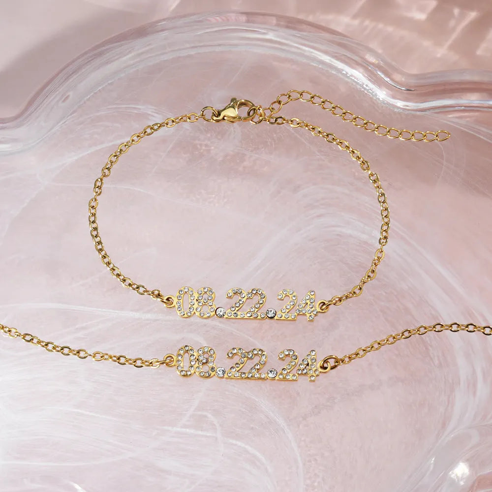 Stainless steel digital bracelet necklace with diamond studded numbers in gold, rose gold, or steel