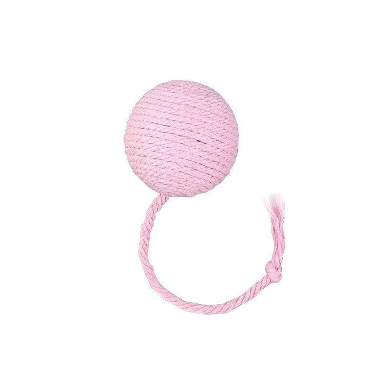 Colourful cat toy ball with rope and built-in bell available in green pink purple yellow for kittens