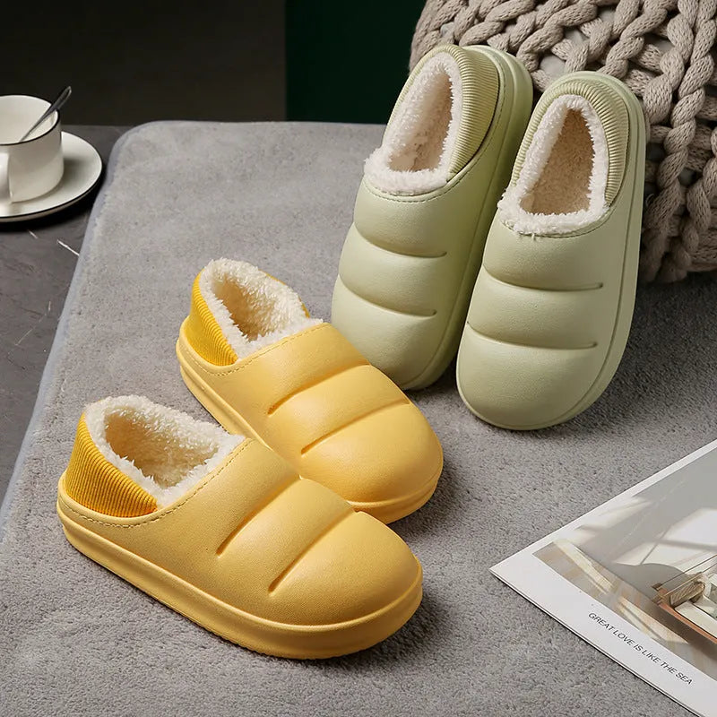 Women's waterproof EVA garden slippers in green, showing overshoe design with plush lining and non-slip sole.