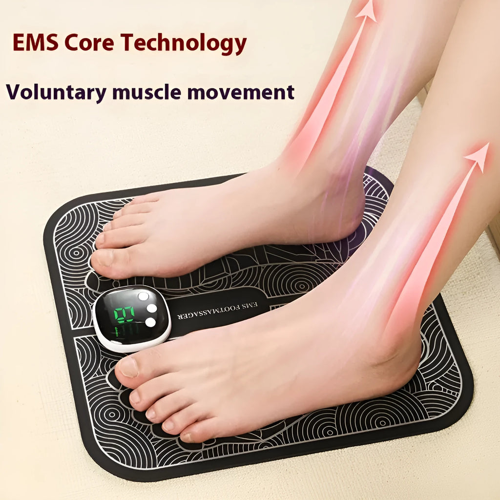 Blue reflexology foot massager mat with USB charging cable and remote control