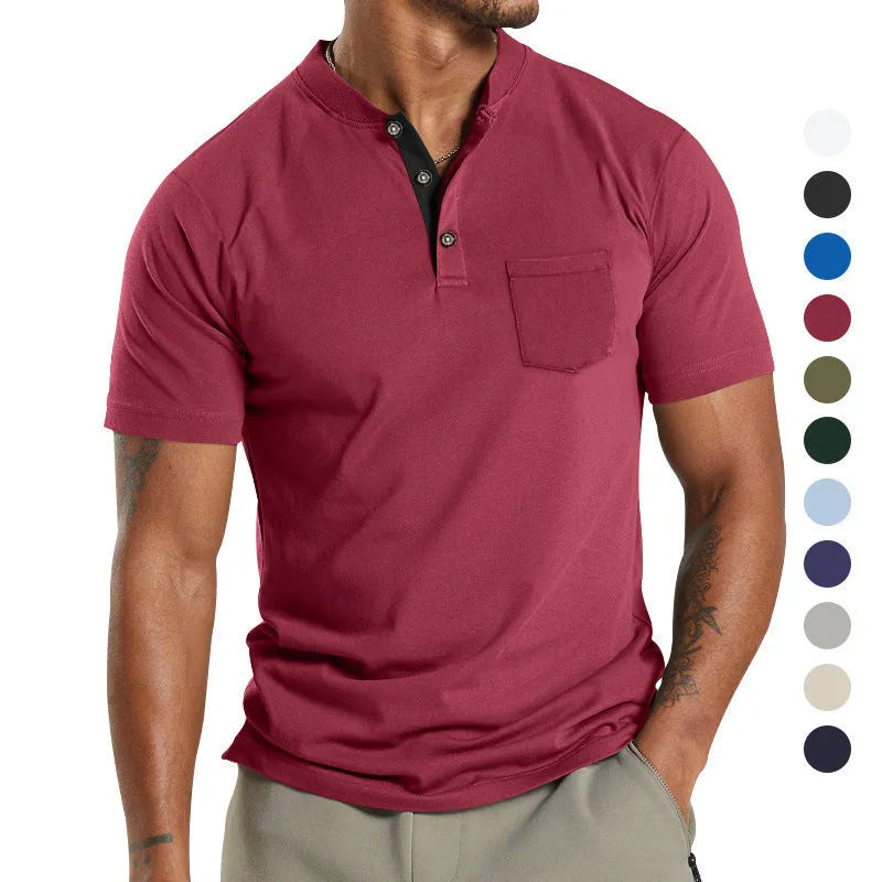 Plus size man wearing a light khaki short sleeve polyester shirt with a button chest pocket.