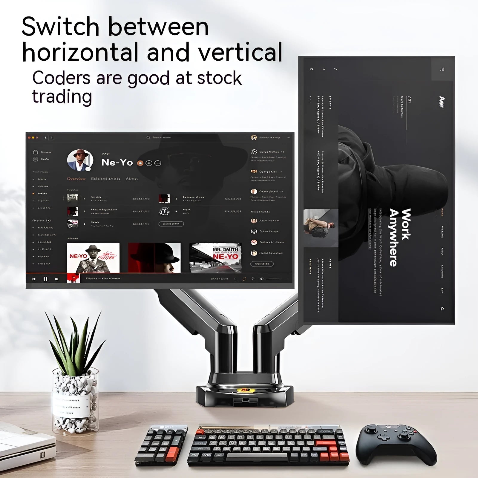 Dual screen monitor bracket with lifting mechanism in aluminium alloy and plastic construction