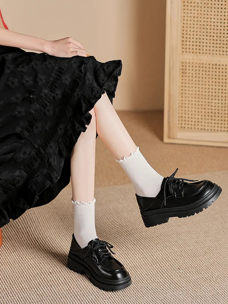 Women's apricot lace-up oxford shoe with 5cm thick heel and superfine fibre upper