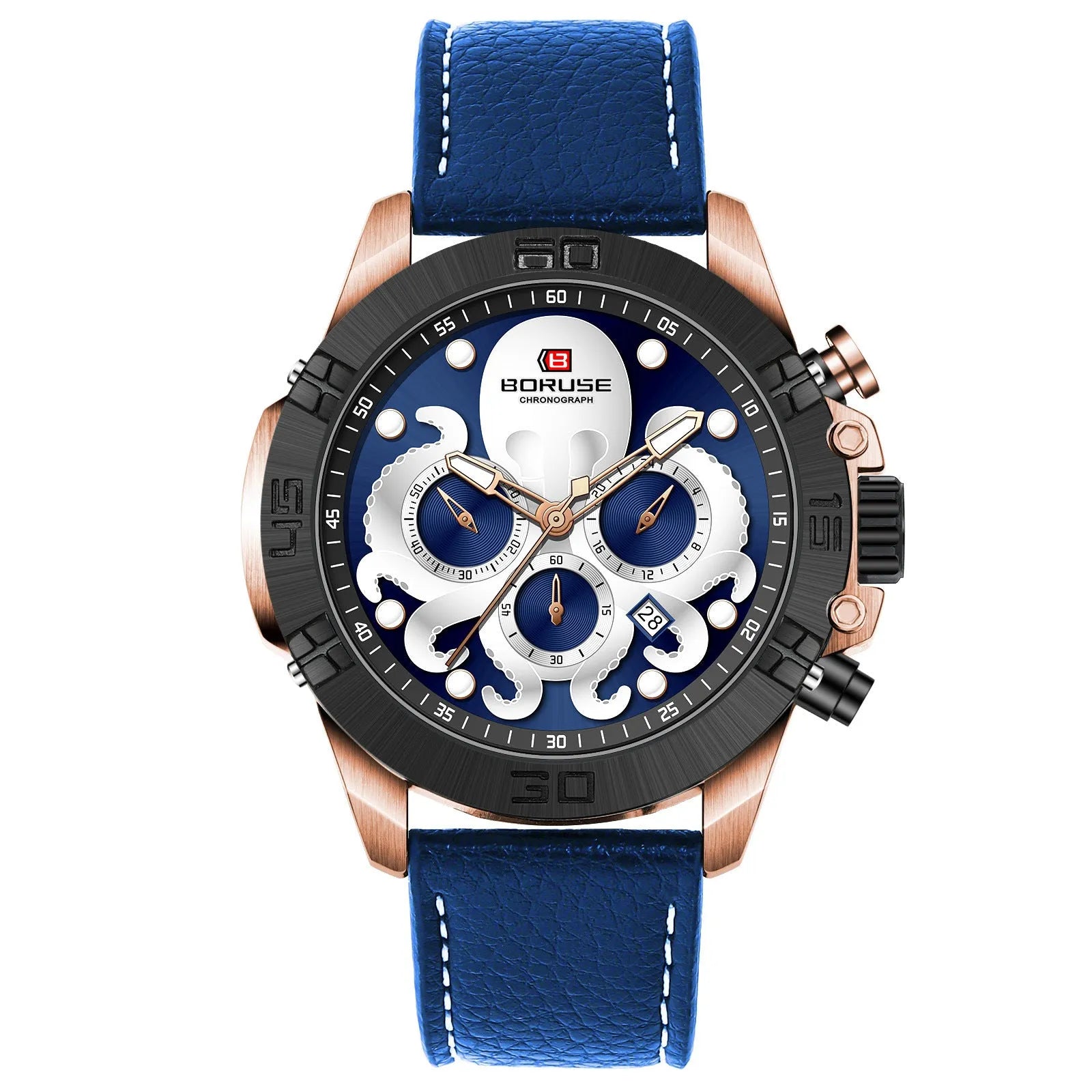 Octopus men's luminous quartz watch with waterproof casual design, blue or black surface