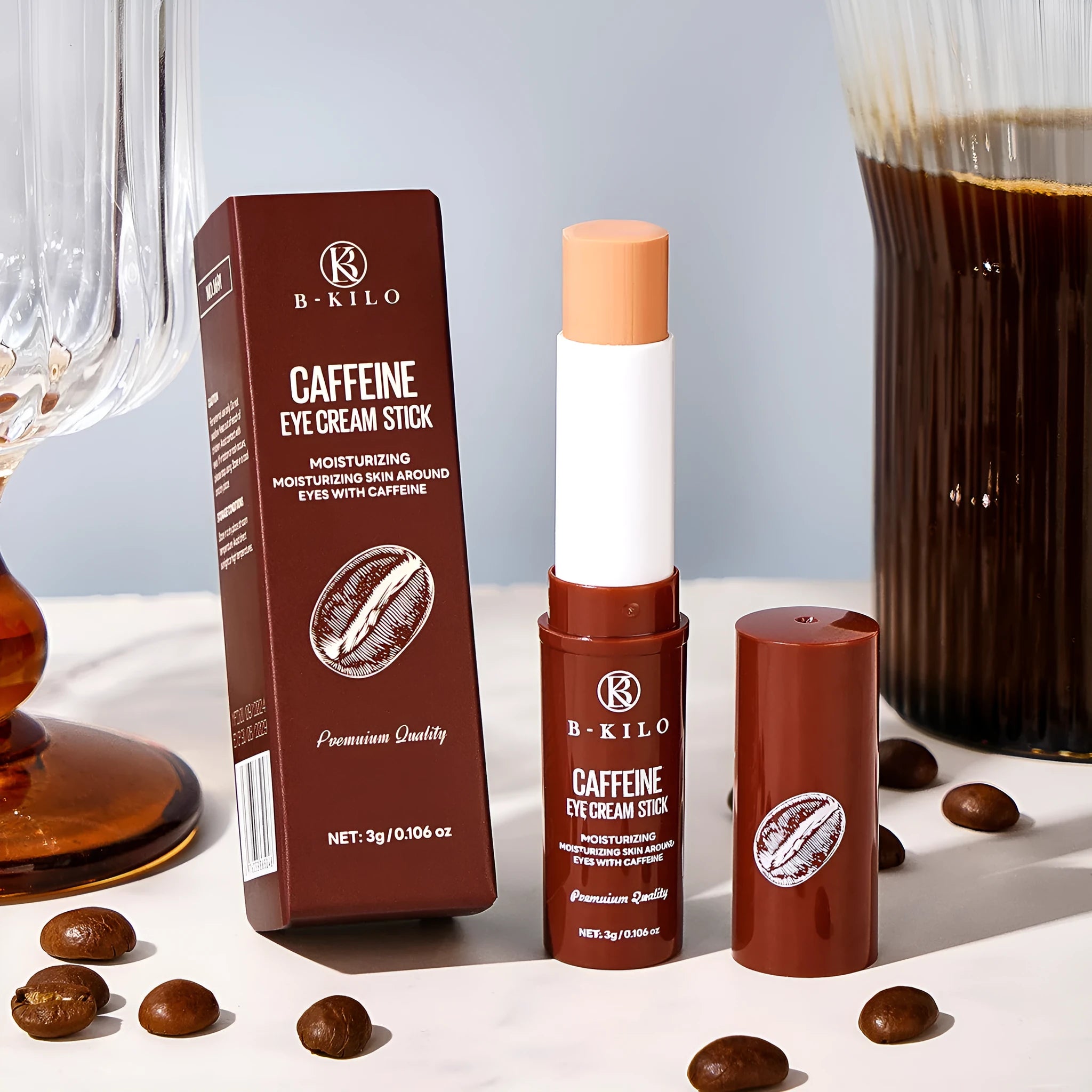 Caffeine eye cream stick in packaging, 3g net content for hydrating and reducing dark circles.