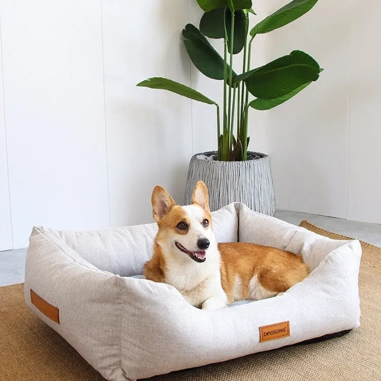 Cloth dog kennel bed in khaki with summer sleeping mat, available in four sizes S to XL for small to large dogs