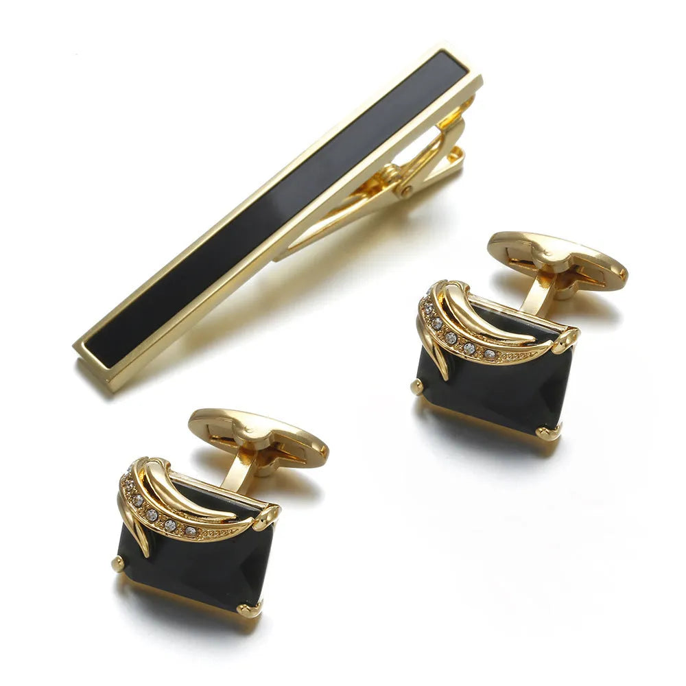 Gold tie clip 60mm and cuff links 18mm set, flat head geometric shape, electroplated copper finish