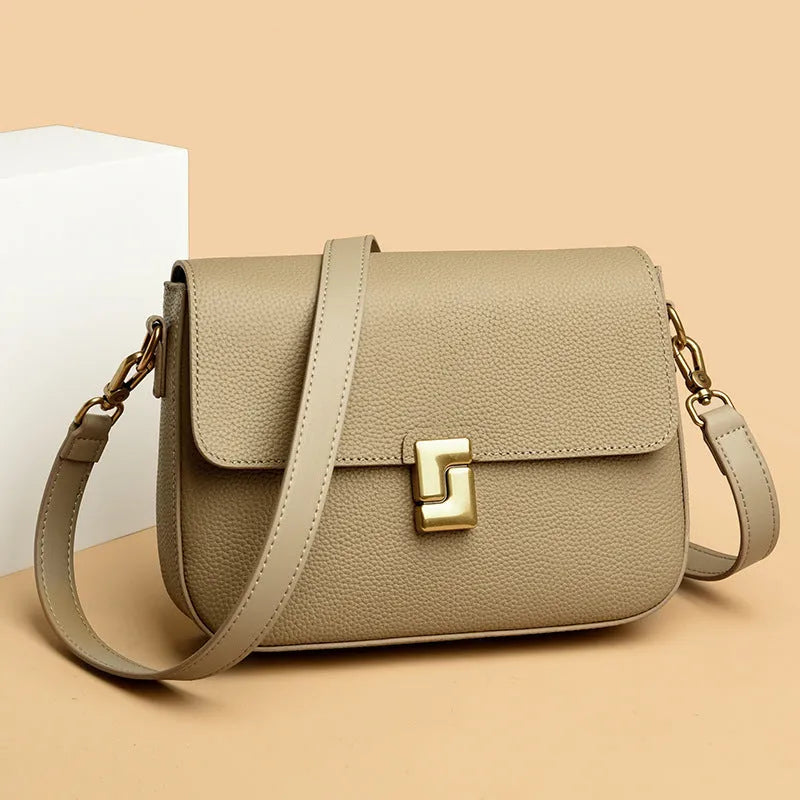 Women's genuine cowhide leather messenger retro shoulder bag in horizontal square shape, 24x7x19cm, available in black