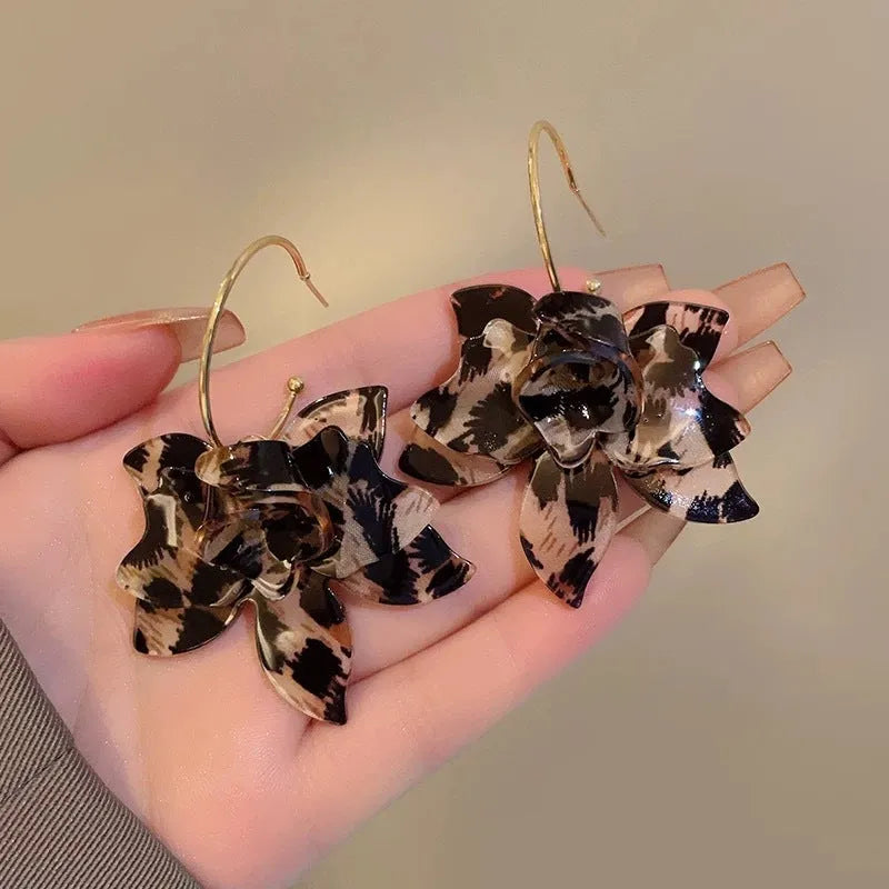 Large leopard print floral acetate earrings for women in a statement design