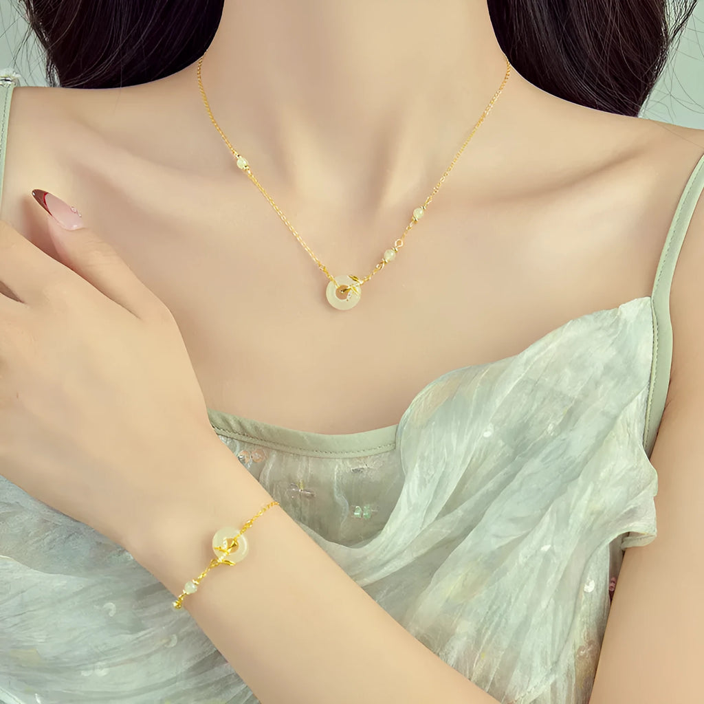 Women's antique-style Hetian Jade bracelet with 925 silver safety buckle in gold or silver colour options