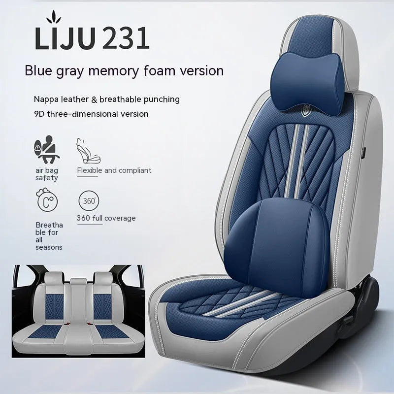 Set of five leather car seat cushions in a choice of colours including black and blue, and beige black.