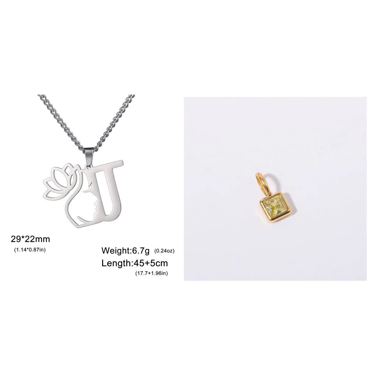 Stainless steel necklace with letter pendant on cross chain in gold or silver electroplated finish