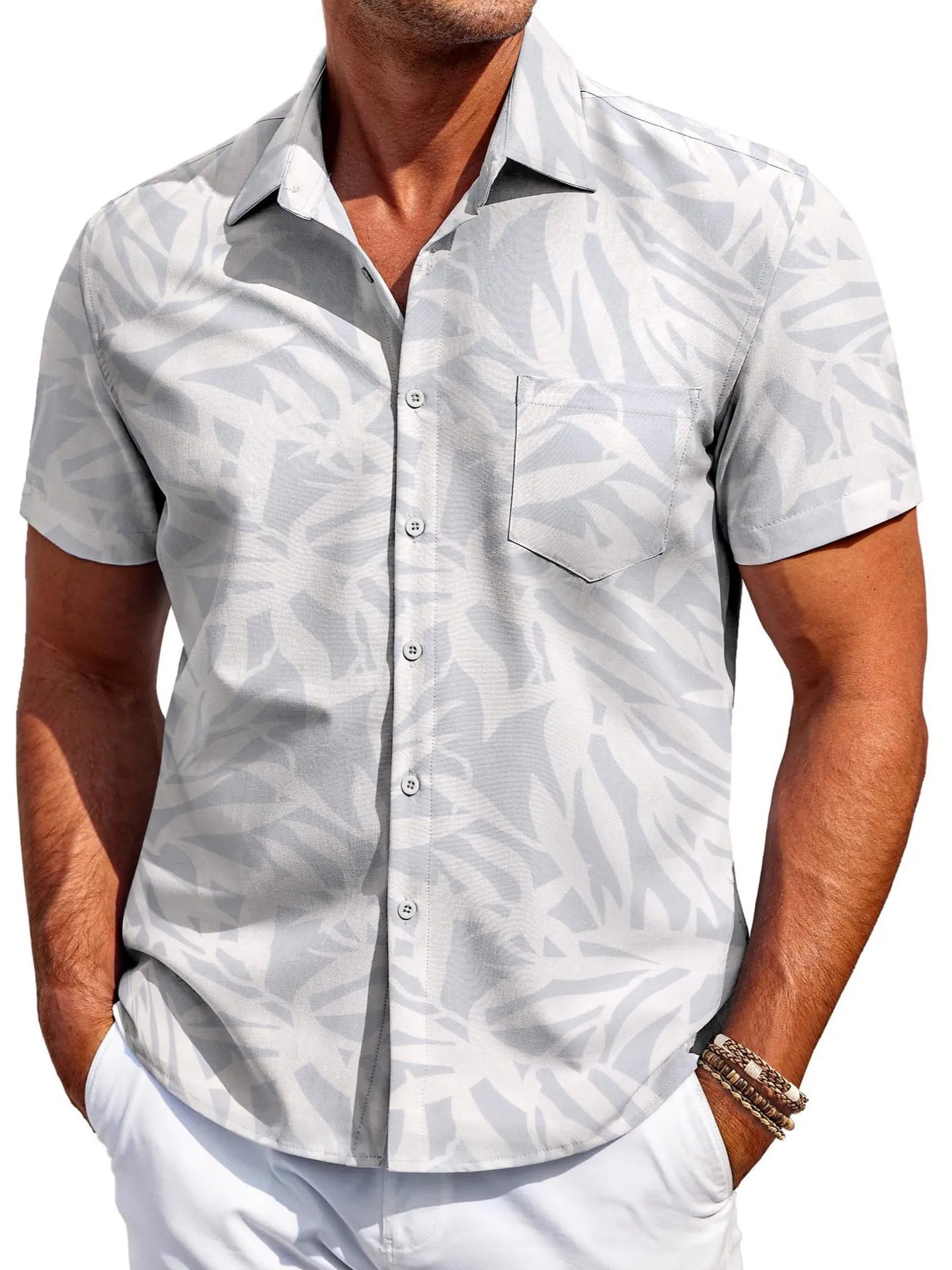Men's slim fit Hawaiian short sleeve shirt in elastic polyester fabric.