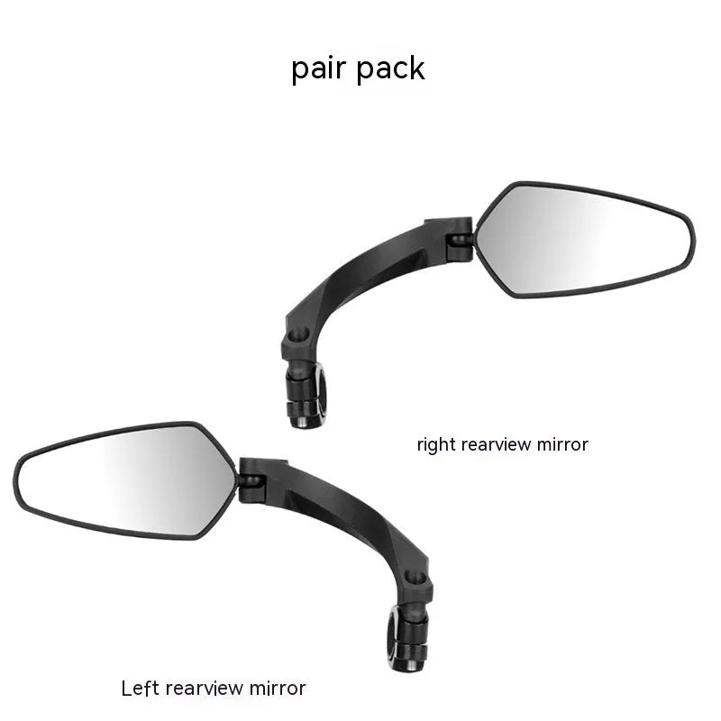 Black PMMA acrylic mountain bike rearview mirror showing left, right, and paired mounting options