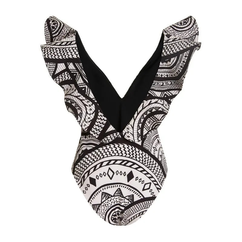 Women's vintage print one-piece swimsuit with deep V-neck, ruffles, and matching wrap skirt