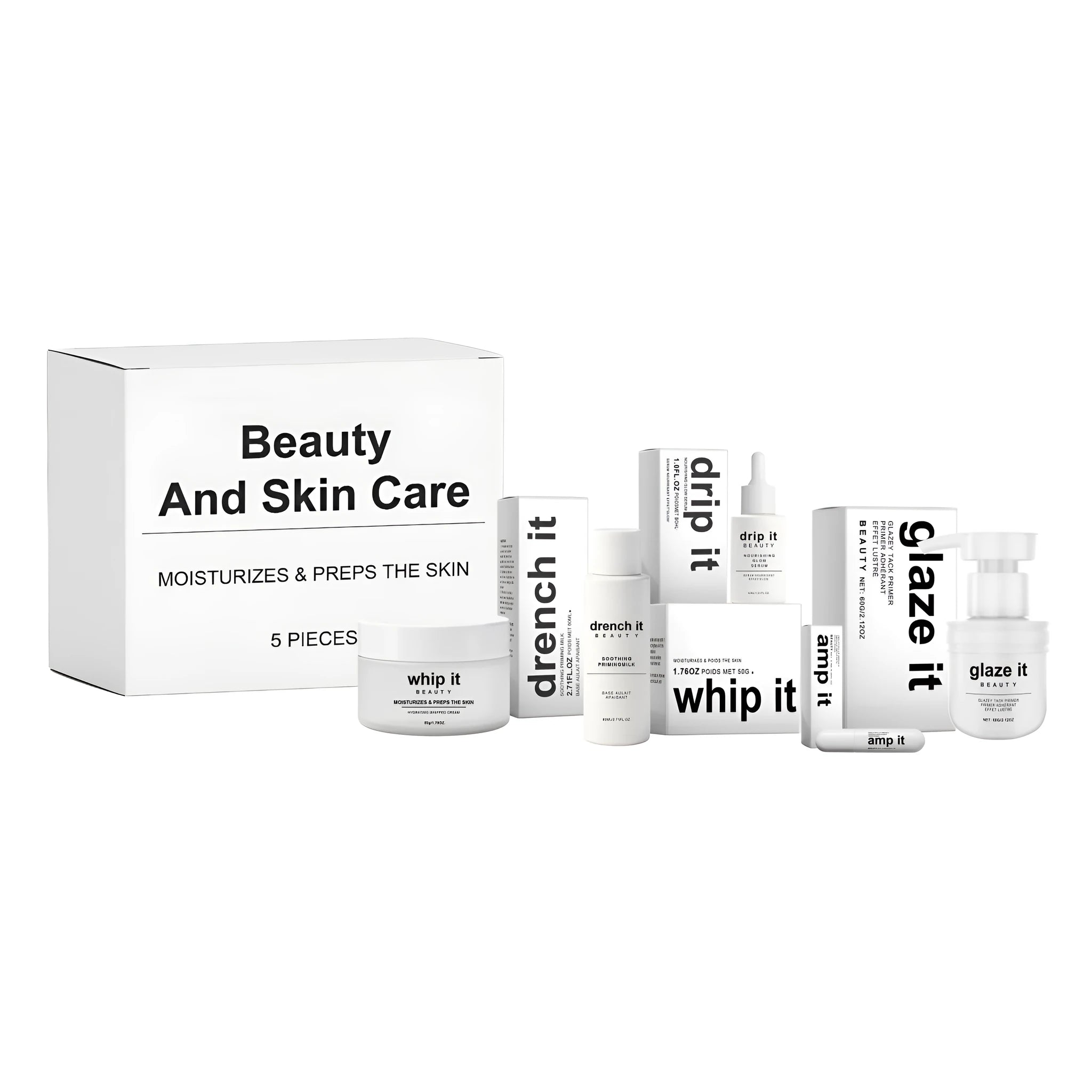 5-piece anti-aging skincare set with firming facial essence, collagen, and vitamin C in bottles