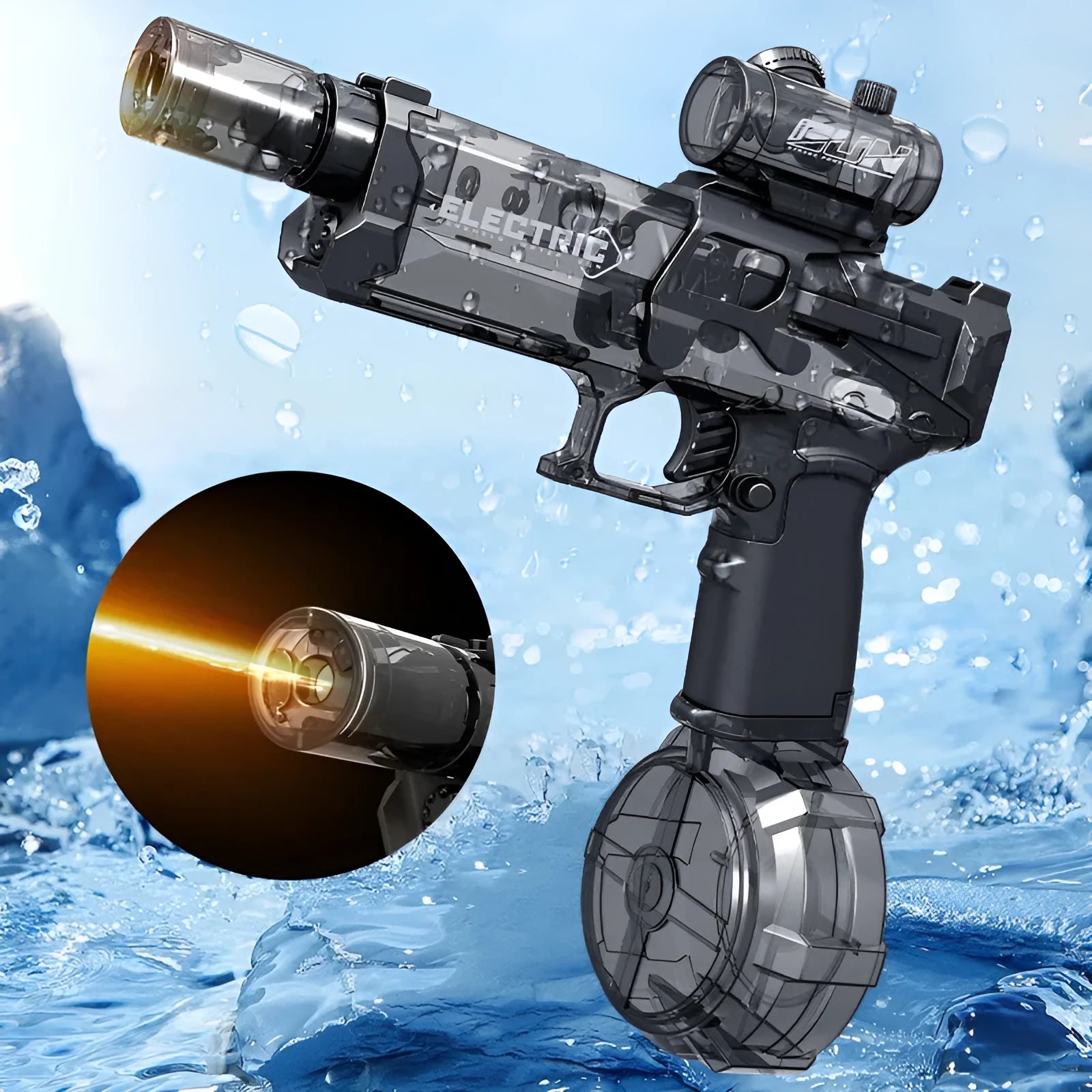 Fire Rat electric water pistol toy with LED lights showing water spray demonstration
