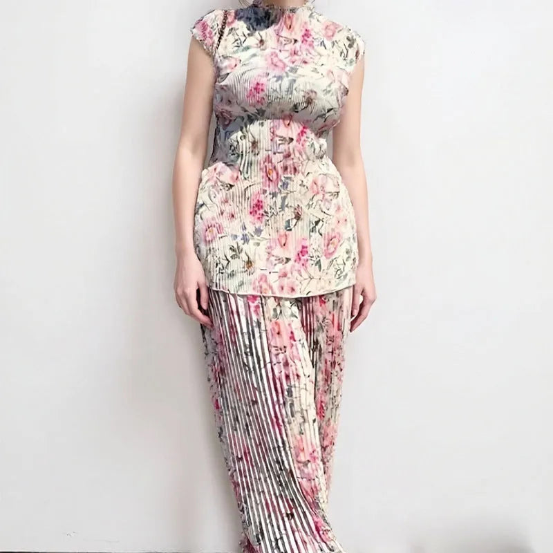 Women's long sleeve printed chiffon dress set with high waist skirt.