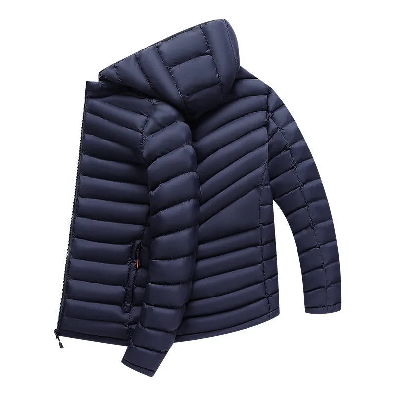 Men's lightweight black down jacket with a hood and detachable collar, showing zipper and pocket detail.