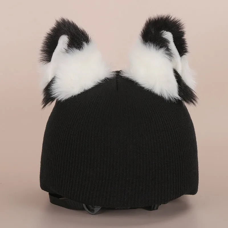 A plush fabric cartoon helmet cover set for adults, showing character designs like a bear and dinosaur for cosplay.