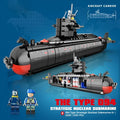 Military building blocks nuclear-powered submarine model assembled from small plastic bricks, colour box packaging, for kids aged 4 to 6
