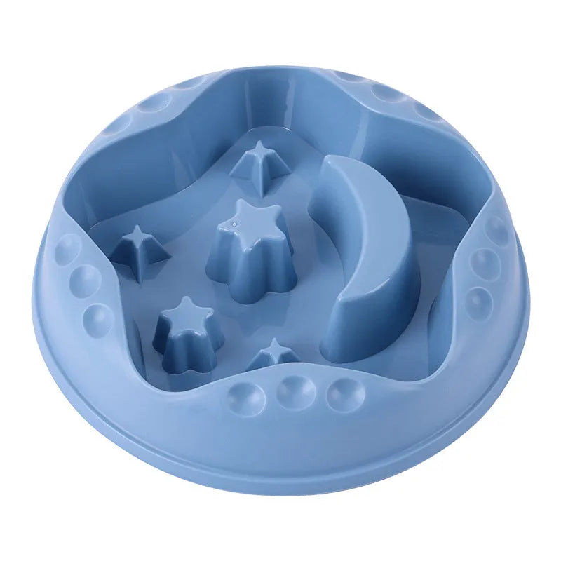 Moon star wings design slow feed dog bowl with interior ridges, non-slip base, in blue colour
