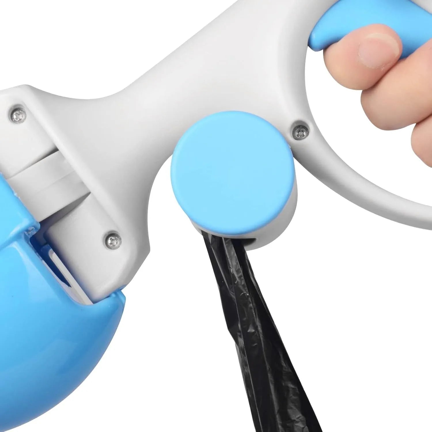 A black ABS plastic pet pooper scooper with an integrated trash bag holder and a top hook.