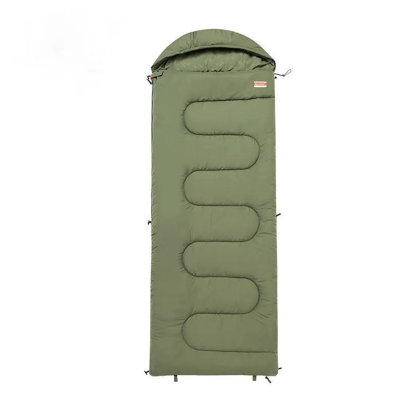 Cotton camping sleeping bag quilt in ochre colour showing quilt-style construction