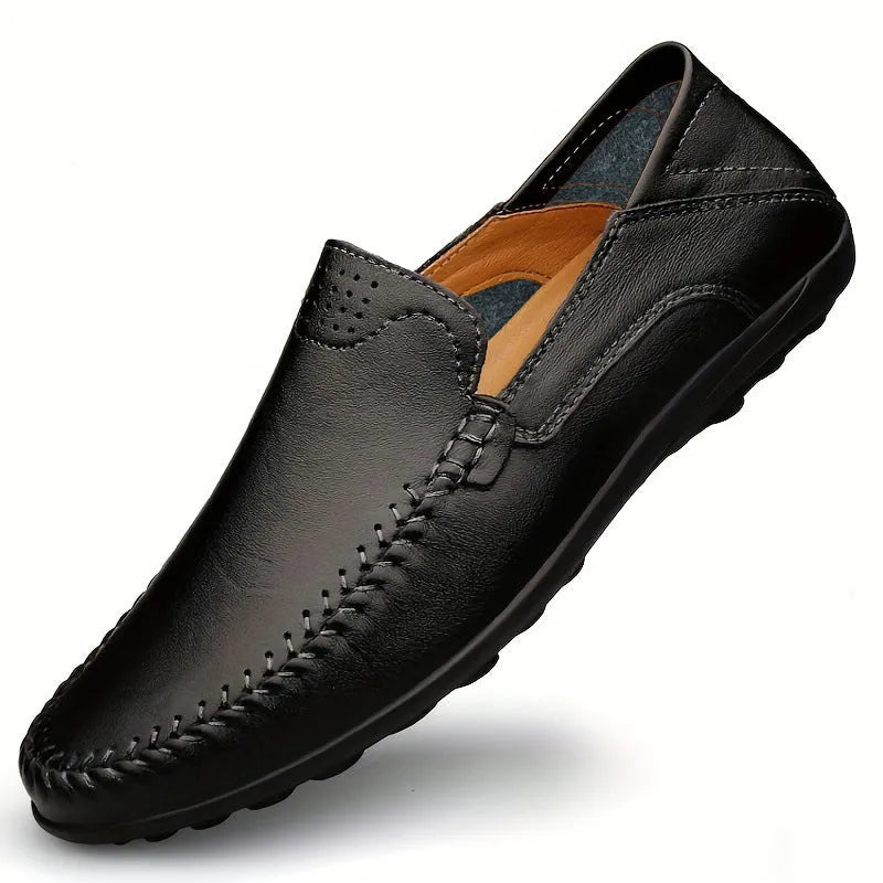 Men's brown leather business casual shoes with round toe and flat heel design