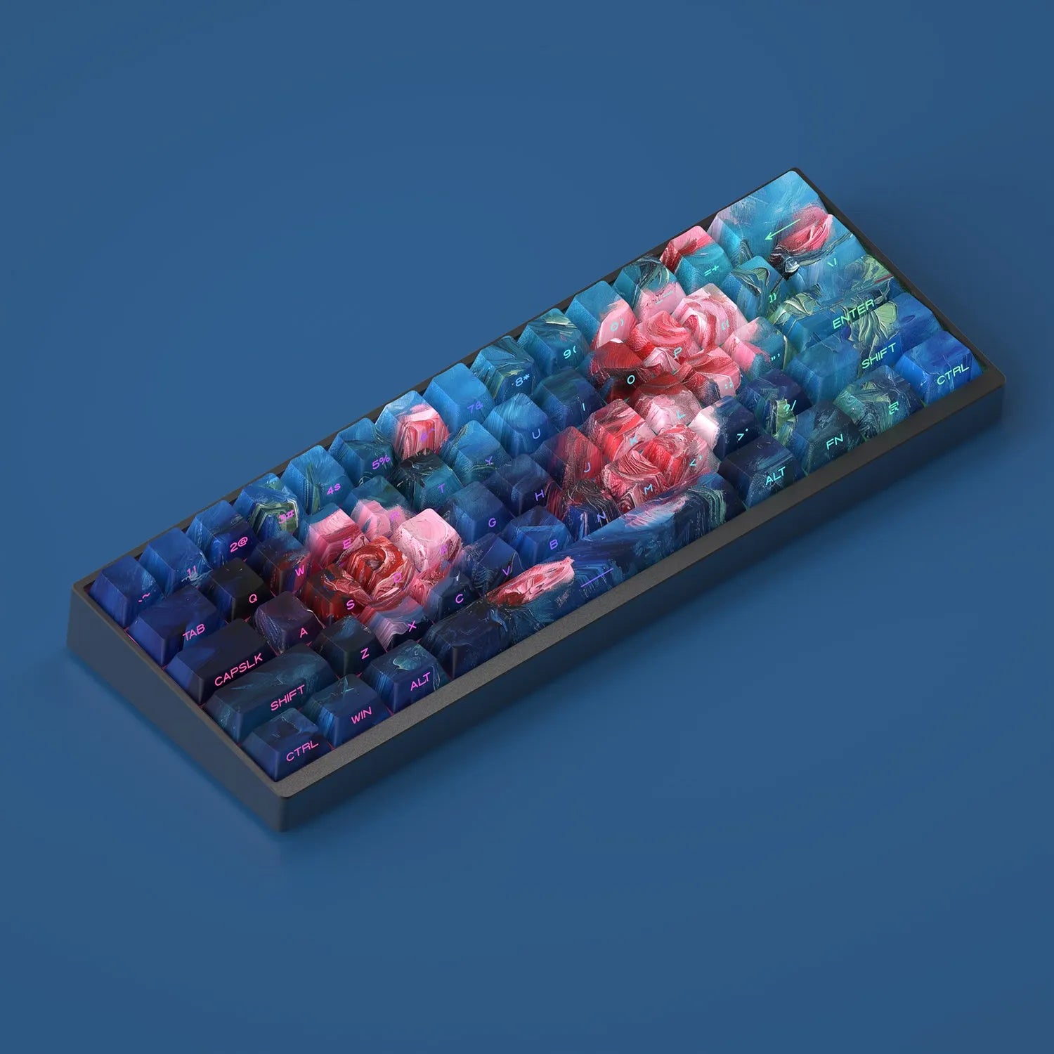 Rose colour PBT mechanical keycap set with transparent oil painting style and side carving