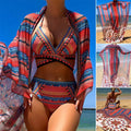 Women's three-piece swimsuit set showing sleeveless cutout blouse, high-waisted briefs, and matching coat