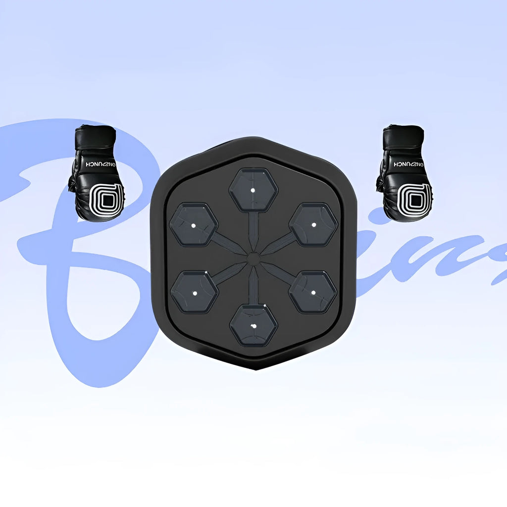 Black smart boxing machine with Bluetooth connectivity and included boxing gloves on EVA construction base