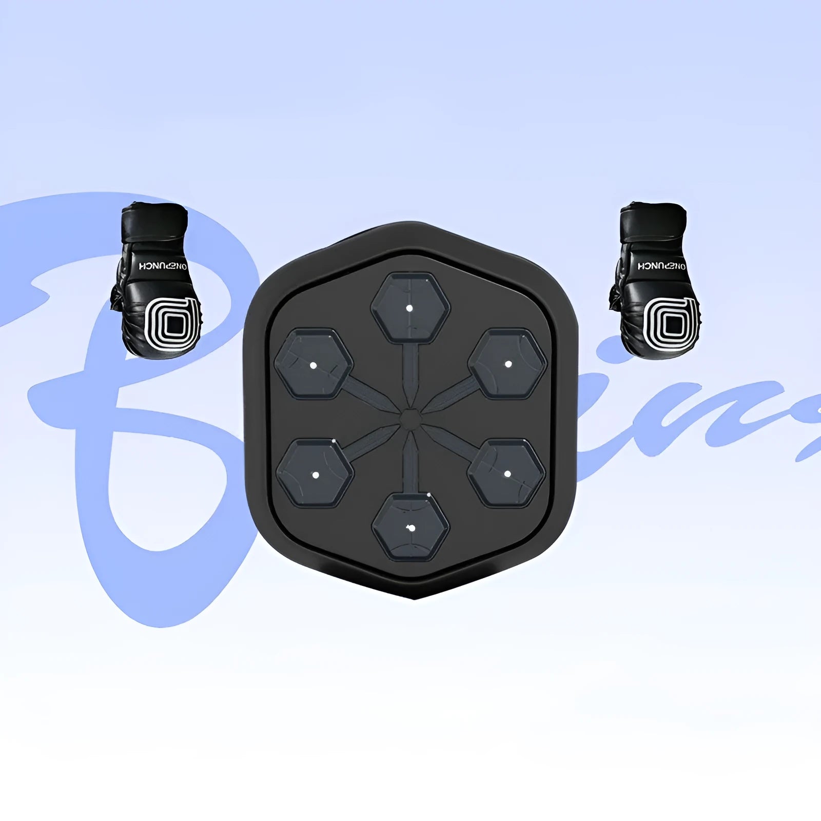 Black smart boxing machine with Bluetooth connectivity and included boxing gloves on EVA construction base