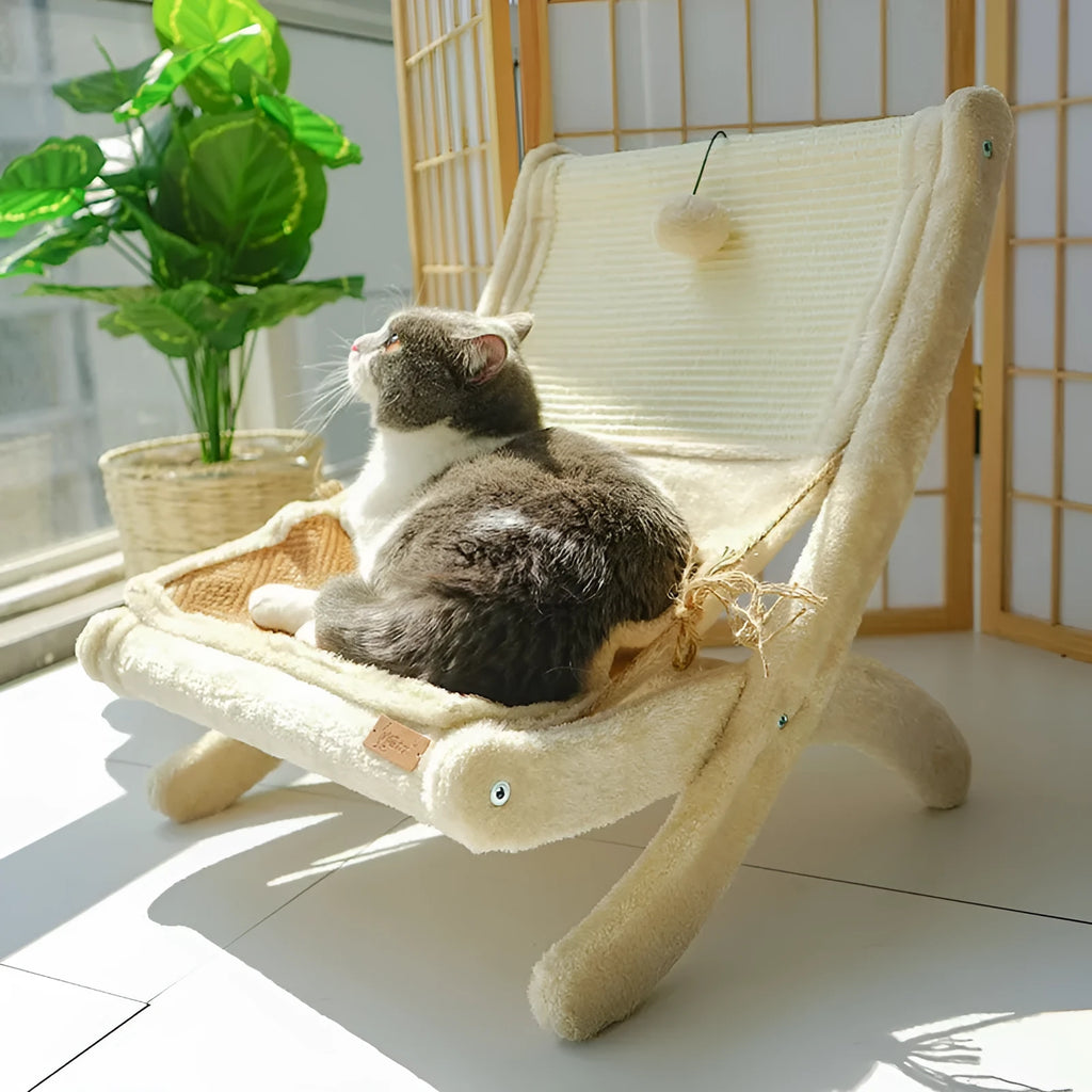 Pet cat sofa bed sunbathing chair with sisal and wood construction, beige with mat on back, for cats under 20 catties