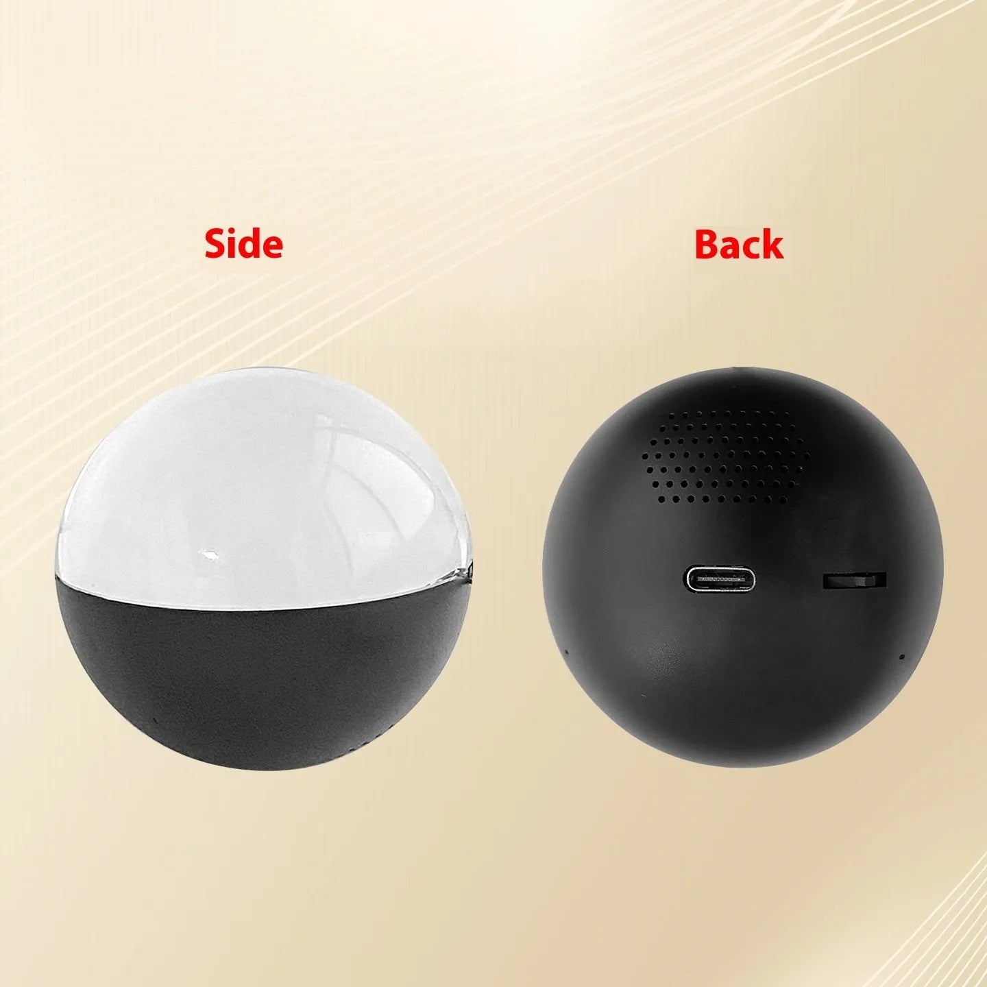 Compact electronic ball video player with a circular screen and central control dial